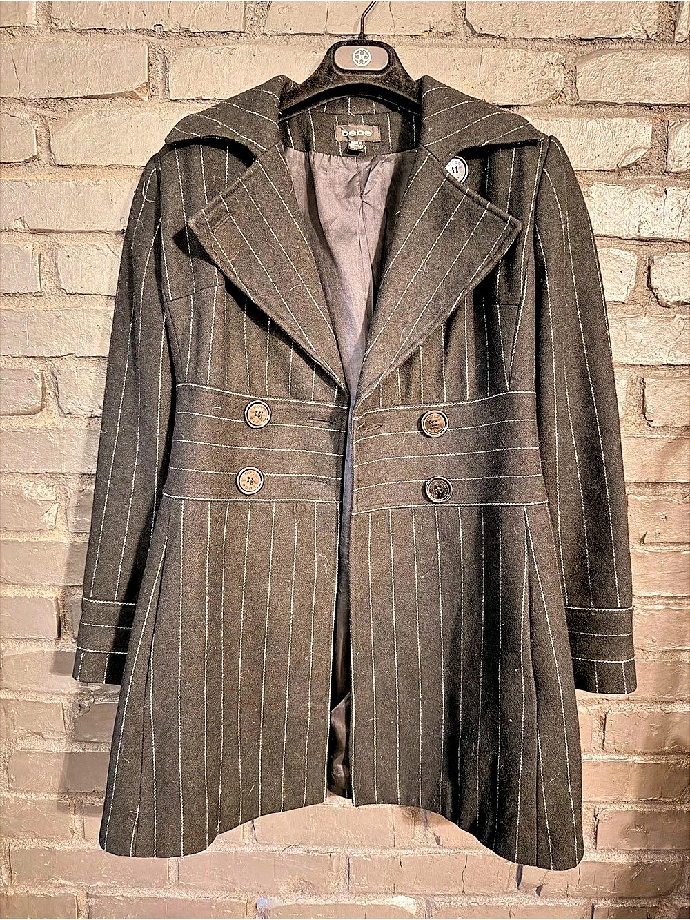 bebe Pinstripe Trench Coat in Black Size XS Like New